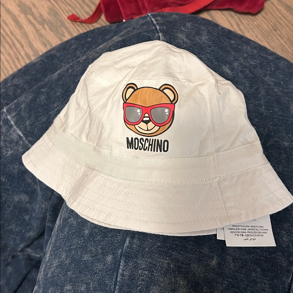 Moschino Cream Bucket Hat with Bear Graphic